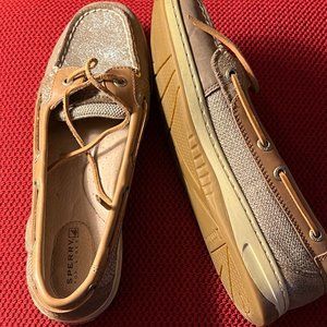 Sperry Topsider Women’s Tan Leather Boat Shoes/Loafers with Glitter Accents